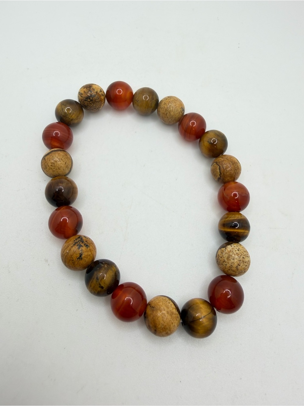 Unisex 7.5" Stretchy 10mm carnelian, picture jasper and tigers eye bracelet!